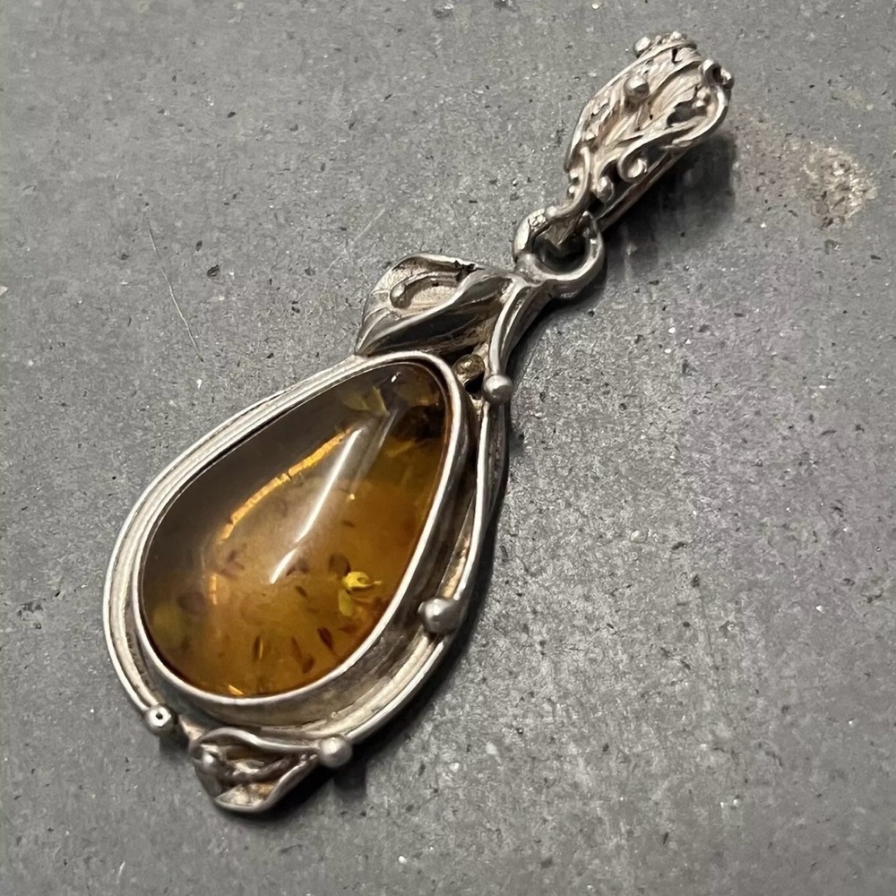 Teardrop Shaped Amber and Intricately Designed Silver Pendant - Picture 2 of 8